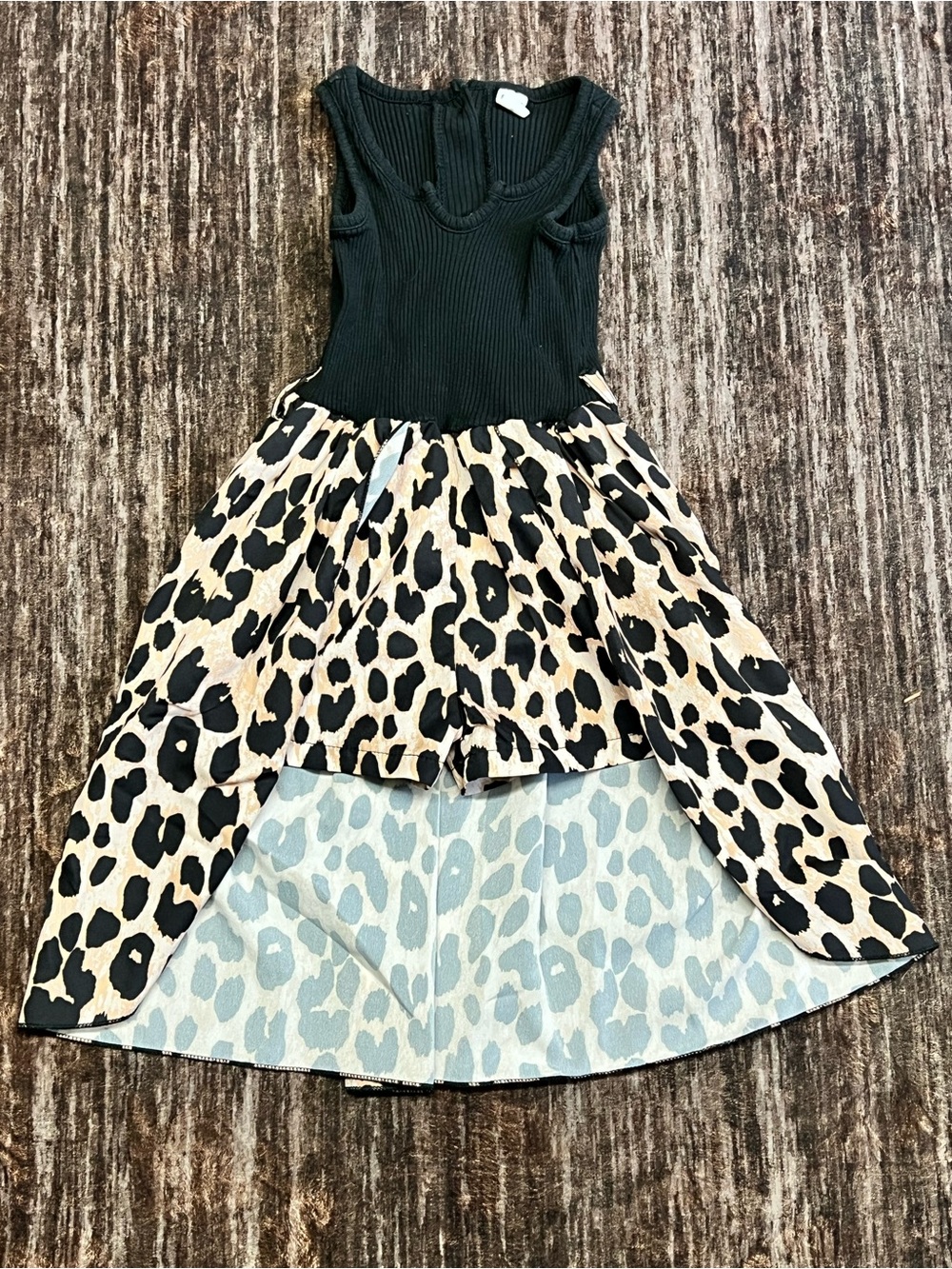 Girls’ SHEIN Black Ribbed Tank dress with Cream and Black Leopard Skort